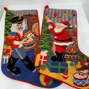 Vintage Needlepoint Christmas Stockings Set of 2 Drummer and Santa